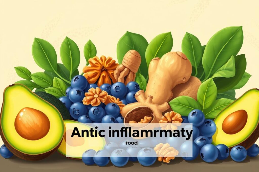 A beautiful, high-quality illustration of the top 5 anti-inflammatory foods. In the foreground, vibrant, ripe avocados, juicy blueberries, and crisp leafy greens are prominently displayed. In the middle ground, golden turmeric roots, ginger slices, and a sprinkle of walnuts create a visually appealing arrangement. The background features a soft, warm-toned gradient, with subtle textures and a natural, earthy feel. The lighting is soft and diffused, highlighting the rich colors and textures of the ingredients. The composition is well-balanced, drawing the viewer's eye to the key anti-inflammatory foods. The overall mood is one of health, vitality, and a celebration of nature's nourishing bounty. A beautiful, high-quality illustration of the top 5 anti-inflammatory foods. In the foreground, vibrant, ripe avocados, juicy blueberries, and crisp leafy greens are prominently displayed. In the middle ground, golden turmeric roots, ginger slices, and a sprinkle of walnuts create a visually appealing arrangement. The background features a soft, warm-toned gradient, with subtle textures and a natural, earthy feel. The lighting is soft and diffused, highlighting the rich colors and textures of the ingredients. The composition is well-balanced, drawing the viewer's eye to the key anti-inflammatory foods. The overall mood is one of health, vitality, and a celebration of nature's nourishing bounty.