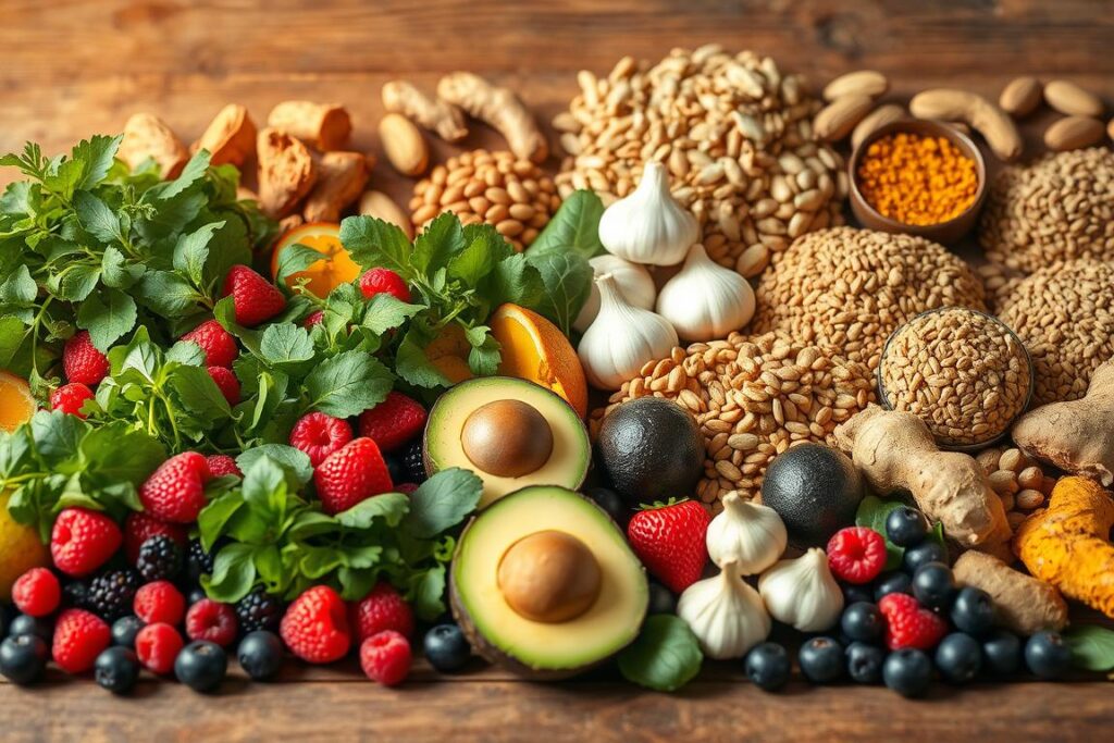 A bountiful selection of anti-inflammatory foods artfully arranged on a rustic wooden table, bathed in warm, natural lighting. In the foreground, vibrant berries, leafy greens, and creamy avocados populate the scene. In the middle ground, golden turmeric, garlic, and ginger root lend their earthy tones. The background features a variety of nuts, seeds, and whole grains, complementing the overall healthy, nourishing atmosphere. The composition is balanced, with careful attention to texture and color contrast, inviting the viewer to explore the diverse array of anti-inflammatory ingredients. The overall mood is one of wholesome abundance, reflecting the benefits of incorporating these powerful foods into one's diet. A bountiful selection of anti-inflammatory foods artfully arranged on a rustic wooden table, bathed in warm, natural lighting. In the foreground, vibrant berries, leafy greens, and creamy avocados populate the scene. In the middle ground, golden turmeric, garlic, and ginger root lend their earthy tones. The background features a variety of nuts, seeds, and whole grains, complementing the overall healthy, nourishing atmosphere. The composition is balanced, with careful attention to texture and color contrast, inviting the viewer to explore the diverse array of anti-inflammatory ingredients. The overall mood is one of wholesome abundance, reflecting the benefits of incorporating these powerful foods into one's diet.
