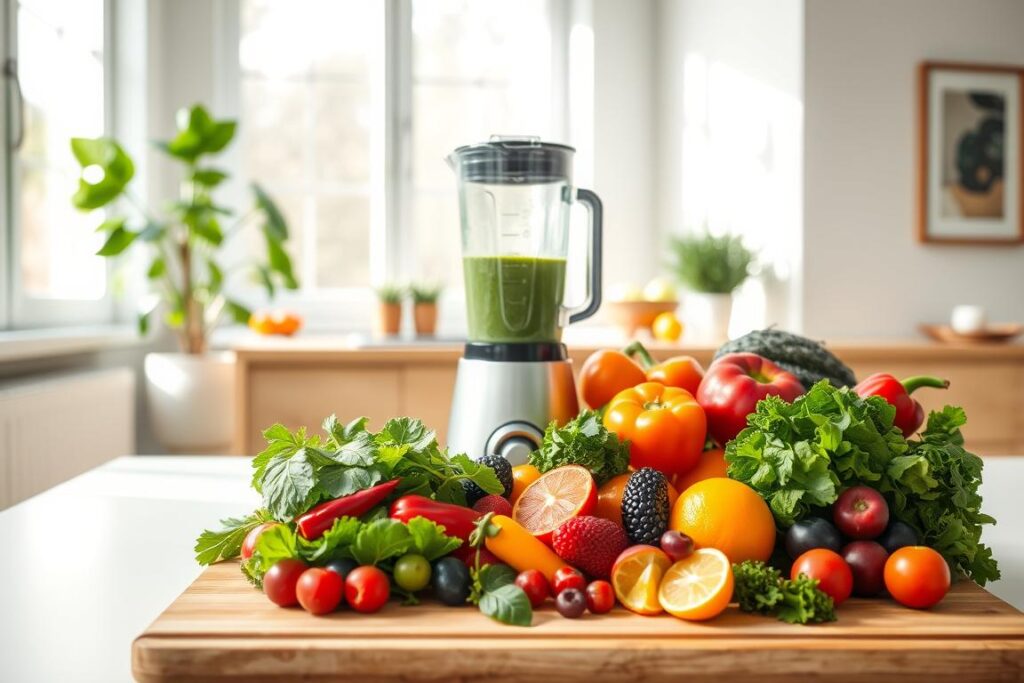 A bright, airy kitchen interior with natural light streaming through large windows. In the foreground, an array of healthy, vibrant vegetables and fruits - leafy greens, colorful peppers, berries, and citrus - arranged on a wooden cutting board. In the middle ground, a sleek, modern blender stands ready to blend these nutrient-dense ingredients into a nourishing smoothie. The background features minimalist decor, with a potted plant and simple artwork on the walls, creating a calm, zen-like atmosphere conducive to mindful, regenerative eating habits. The lighting is soft and diffused, accentuating the fresh, organic qualities of the scene. The overall mood is one of wellness, balance, and the rejuvenating power of wholesome, autophagy-promoting nutrition. A bright, airy kitchen interior with natural light streaming through large windows. In the foreground, an array of healthy, vibrant vegetables and fruits - leafy greens, colorful peppers, berries, and citrus - arranged on a wooden cutting board. In the middle ground, a sleek, modern blender stands ready to blend these nutrient-dense ingredients into a nourishing smoothie. The background features minimalist decor, with a potted plant and simple artwork on the walls, creating a calm, zen-like atmosphere conducive to mindful, regenerative eating habits. The lighting is soft and diffused, accentuating the fresh, organic qualities of the scene. The overall mood is one of wellness, balance, and the rejuvenating power of wholesome, autophagy-promoting nutrition.