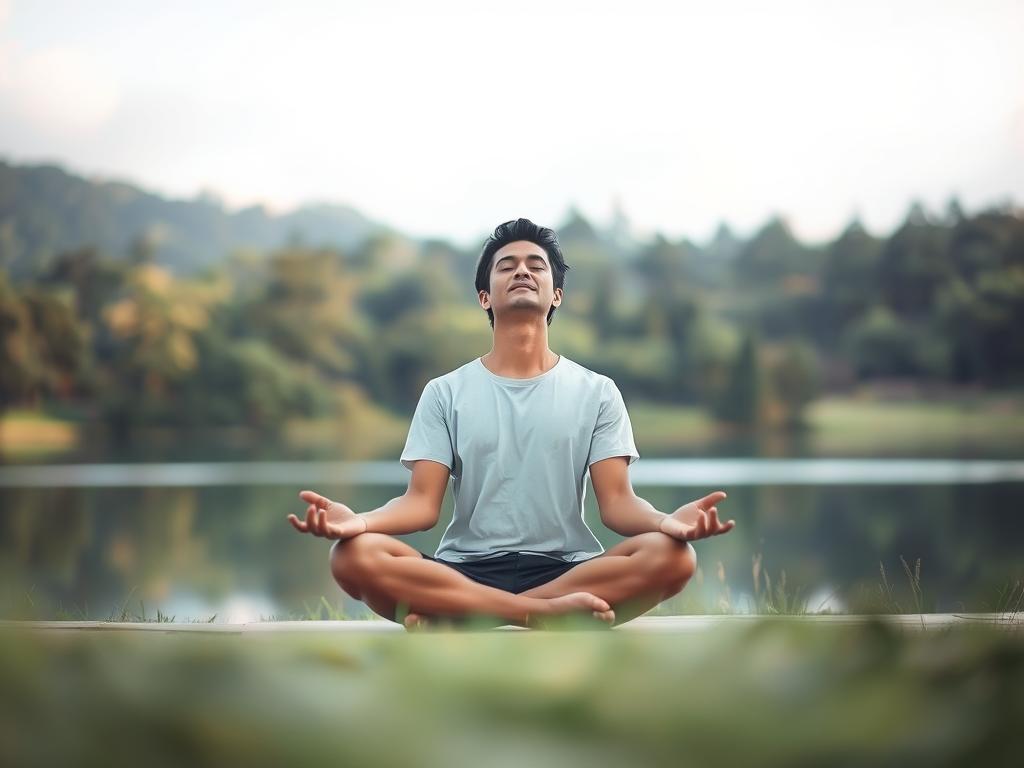A calm, focused individual sitting cross-legged in a meditative pose, their eyes closed as they engage in deep brain-rewiring exercises. The background is a serene, nature-inspired landscape with lush greenery, a tranquil lake, and soft, diffused lighting that creates a contemplative atmosphere. The subject's expression conveys a sense of inner peace and mental clarity, while subtle visual cues suggest the neural pathways being strengthened and reorganized. The scene is captured with a shallow depth of field, emphasizing the subject's concentration and the transformative power of this "effective brain training" practice.
