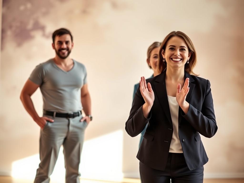 A candid portrait capturing a person's transformation through hypnosis-assisted weight loss. In the foreground, a confident, smiling individual stands in a warm, well-lit room, wearing flattering, tailored clothing that showcases their slimmer, healthier physique. The middle ground depicts a hypnotherapist guiding the person into a deeply relaxed, focused state, their hands gently raised. In the background, an abstract, soothing backdrop with soft, muted colors and a sense of serenity, symbolizing the power of the mind to reshape one's physical being. The image conveys a sense of triumph, personal growth, and the profound impact of hypnosis on achieving sustainable weight loss.