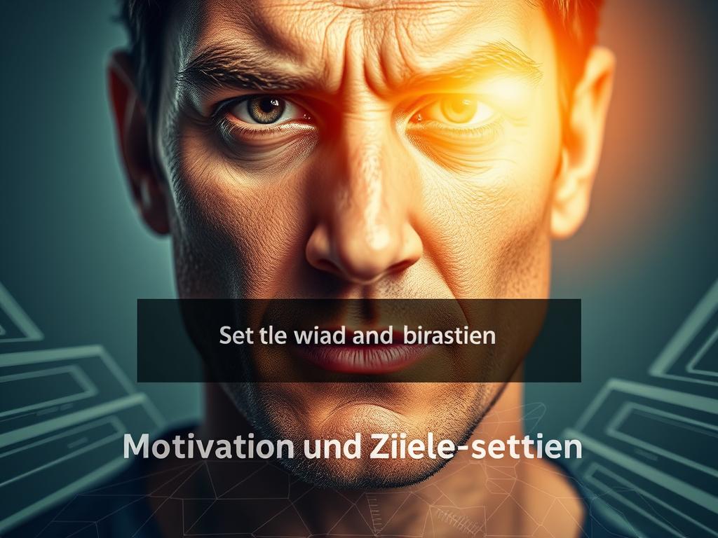 Erfolg durch innere Überzeugung: Ihr Weg zum Gipfel 3 A close-up portrait of a determined individual, their face illuminated by a warm, focused light, conveying a sense of inner drive and purpose. In the middle ground, a set of goals and aspirations, represented as a visual map or blueprint, guiding the subject's path forward. The background evokes a sense of momentum and progress, with dynamic lines and shapes suggesting the concept of "Motivation und Ziele setzen" (Setting Motivation and Goals). The overall mood is one of resolve, focus, and a steadfast commitment to personal growth and achievement.
