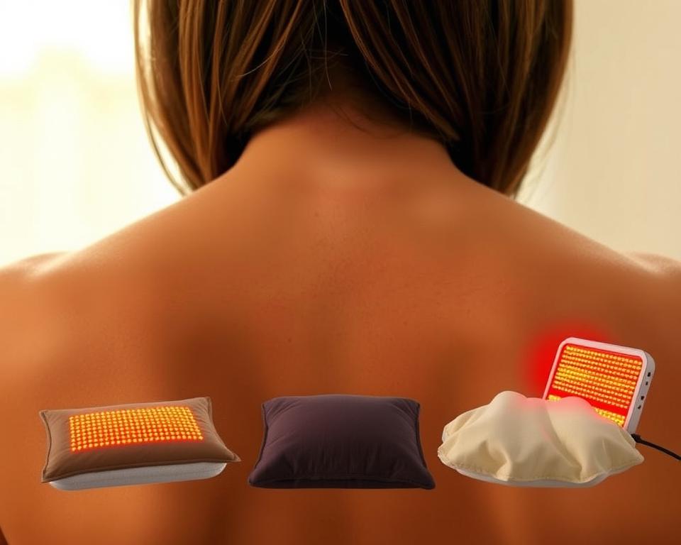 A close-up view of a person's back, centered on the shoulder blades. The skin is visible, with a subtle glow from warm, diffused lighting, casting soft shadows. The scene evokes a sense of relaxation and healing. In the middle ground, various heat therapy devices are positioned, such as heating pads, hot water bottles, or infrared lamps, suggesting the application of warmth to alleviate pain and tension in the shoulder region. The background is slightly blurred, creating a serene, contemplative atmosphere, allowing the focus to remain on the therapeutic application.