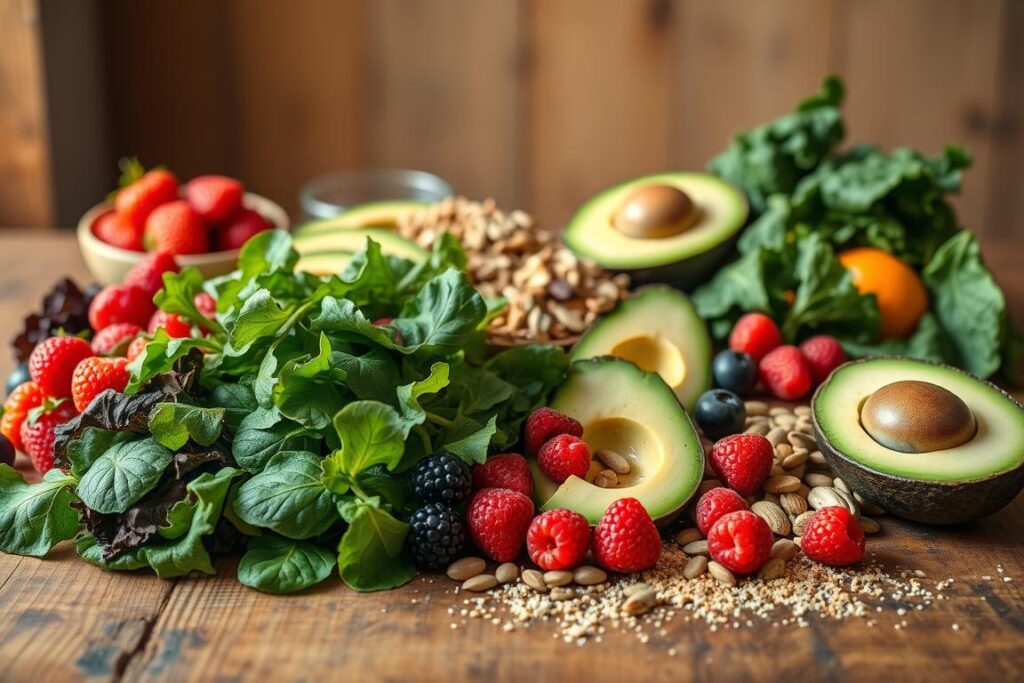 A colorful array of whole, natural anti-inflammatory foods arranged artfully on a rustic wooden table. In the foreground, leafy greens, vibrant berries, and creamy avocado slices create a visually appealing composition. The middle ground features nuts, seeds, and a sprinkle of spices, hinting at the nutritional powerhouse of these ingredients. In the background, a gentle warm light casts a soothing glow, conveying the sense of wellness and vitality these foods provide. The overall scene is crisp, well-lit, and shot from a slightly elevated angle to emphasize the carefully curated selection of ingredients. The mood is inviting, wholesome, and celebrates the inherent beauty of real, unprocessed foods. A colorful array of whole, natural anti-inflammatory foods arranged artfully on a rustic wooden table. In the foreground, leafy greens, vibrant berries, and creamy avocado slices create a visually appealing composition. The middle ground features nuts, seeds, and a sprinkle of spices, hinting at the nutritional powerhouse of these ingredients. In the background, a gentle warm light casts a soothing glow, conveying the sense of wellness and vitality these foods provide. The overall scene is crisp, well-lit, and shot from a slightly elevated angle to emphasize the carefully curated selection of ingredients. The mood is inviting, wholesome, and celebrates the inherent beauty of real, unprocessed foods.