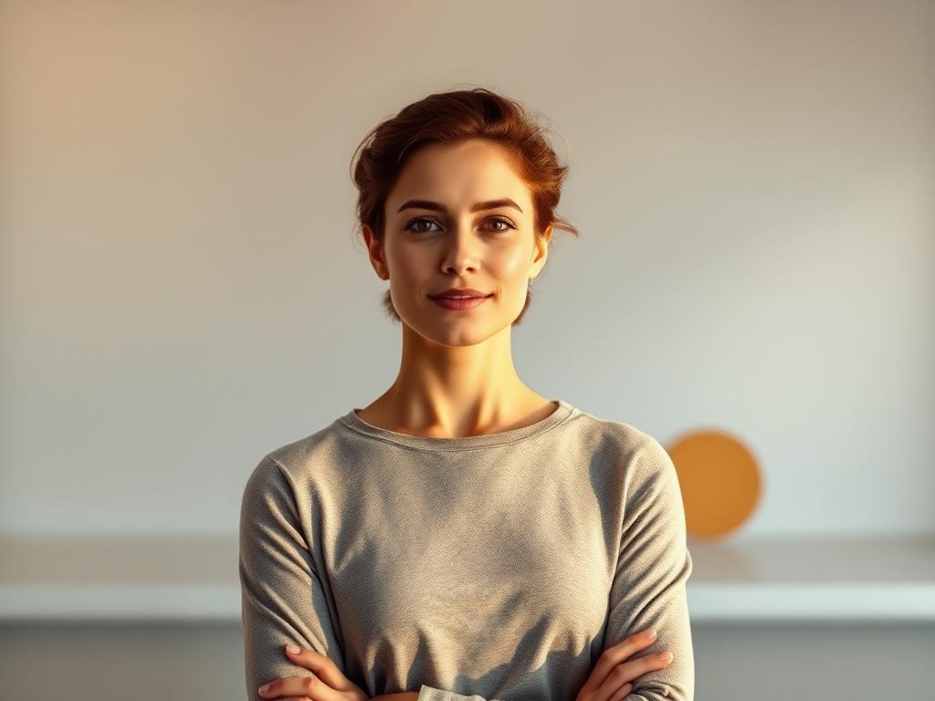 Nutze Erfolgsaffirmationen für Deinen Durchbruch 2 A confident and poised individual stands in the foreground, exuding an aura of self-assurance. The lighting is warm and radiant, casting a subtle glow on their face, symbolizing the inner glow of self-belief. The middle ground features a serene, minimalist backdrop, with clean lines and a calming color palette, allowing the subject to be the focal point. In the background, abstract shapes and patterns suggest the notion of personal growth and evolution, visually representing the "Steigerung des Selbstbewusstseins" (Increase in Self-Confidence). The overall composition conveys a sense of harmony, inner strength, and a strong self-awareness that can inspire and empower the viewer.