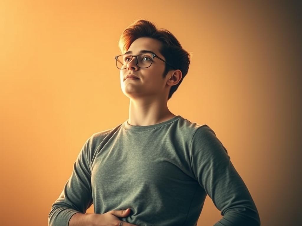 A confident person standing tall, shoulders back, gazing steadfastly ahead, overcoming self-doubt. A warm, golden light illuminates their face, casting a soft, hopeful glow. The background is blurred, with muted colors and gentle hues, allowing the subject to be the focal point. The composition is balanced, with the figure positioned slightly off-center, creating a sense of movement and determination. The overall tone is one of empowerment, resilience, and a belief in one's own abilities to overcome inner challenges.