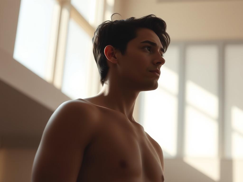 A contemplative individual stands in a serene, sunlit interior, gazing inwardly with a thoughtful expression. Soft natural lighting filters through a large window, casting a warm glow and creating a sense of introspection. The figure is rendered in a realistic yet ethereal style, their features conveying a pensive, self-reflective mood. The background is minimalist, allowing the subject's introspective pose to take center stage and emphasize the idea of conscious decision-making. The overall scene evokes a feeling of personal growth, self-awareness, and the power of mindful choices.