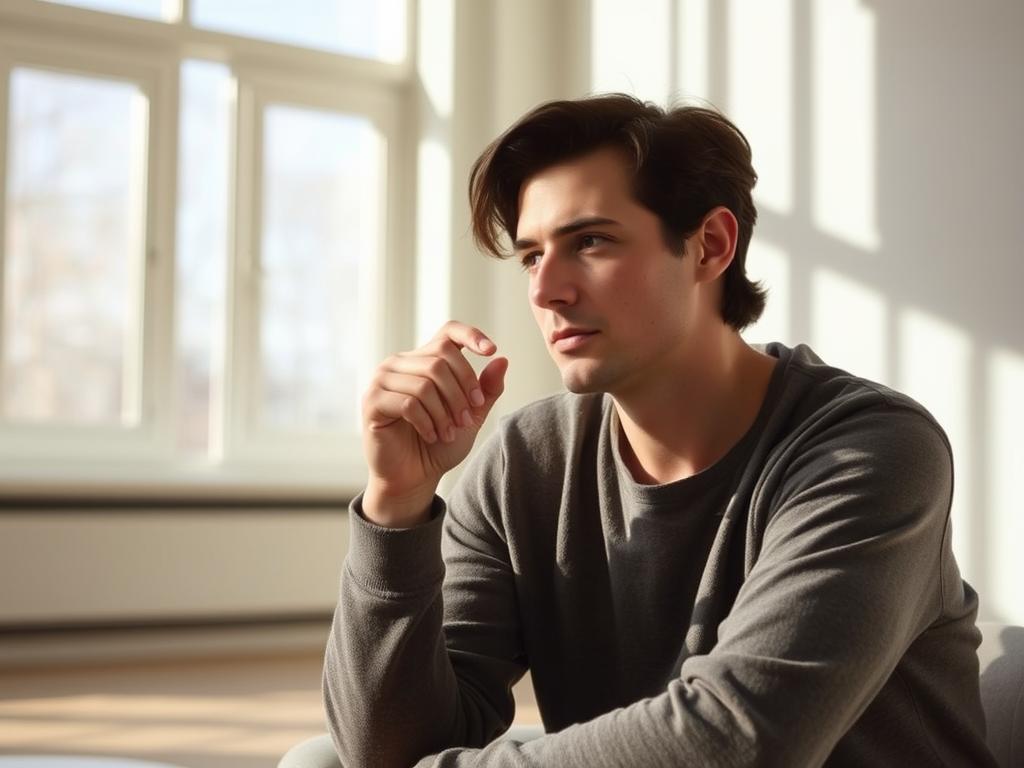 Selbstgespräche bewusst steuern – Entfalte Dein Potential 1 A contemplative person deep in thought, seated in a peaceful, sunlit room. Soft natural light filters through large windows, casting a warm glow over the scene. The background is a serene, minimalist interior with neutral tones and clean lines, creating a sense of tranquility. The subject's expression is one of focused introspection, as they engage in an internal dialogue, exploring the nuances of their own thoughts and emotions. The composition emphasizes the individual's solitary, introspective state, inviting the viewer to reflect on the power and significance of self-conversation.