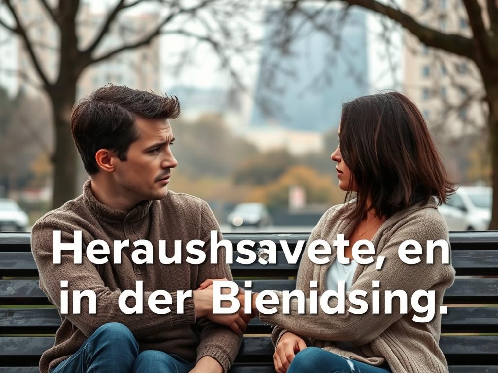 Liebe bewusst stärken – Tipps für tiefere Bindung 3 A couple sitting together on a park bench, deep in conversation, their faces etched with worry and concern as they navigate the challenges of their relationship. A soft, diffused light bathes the scene, creating an intimate, contemplative atmosphere. In the background, a blurred cityscape suggests the pressures of daily life that can strain even the strongest bonds. The composition is balanced, drawing the viewer's eye to the central figures and their emotional exchange. This image aims to capture the essence of "Herausforderungen in der Beziehung" - the struggles couples face, but also the opportunity to grow and deepen their connection through open and honest dialogue.