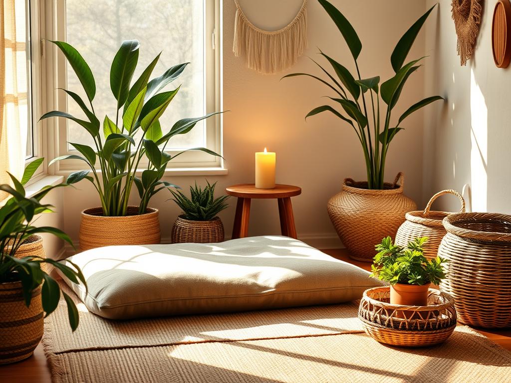 A cozy and serene meditation space, featuring a plush floor cushion positioned in a sunlit corner, surrounded by lush potted plants and a small side table with a lit candle. Soft, warm lighting creates a peaceful ambiance, while natural textures like woven baskets and wooden accents add a grounding, earthy feel. The composition draws the eye inward, inviting the viewer to pause, breathe, and connect with their inner stillness. This tranquil scene reflects the practical steps towards self-healing through the practice of meditation.