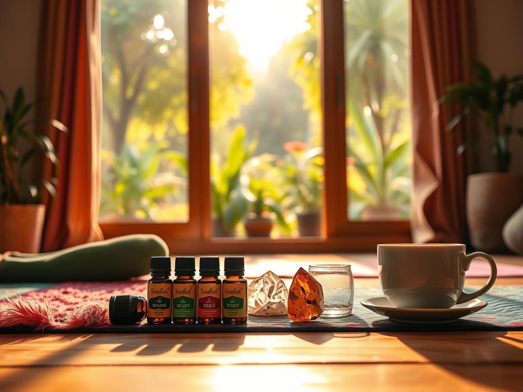 Positive Affirmationen am Morgen für einen guten Start 3 A cozy and serene morning scene with vibrant energy. In the foreground, a person performing gentle yoga poses on a plush, colorful mat. Mid-ground, a neatly arranged display of essential oils, crystals, and a cup of steaming herbal tea. In the background, a large window framing a lush, verdant garden bathed in soft, warm morning light. The overall atmosphere is tranquil and rejuvenating, evoking a sense of harmony and mindfulness to start the day.