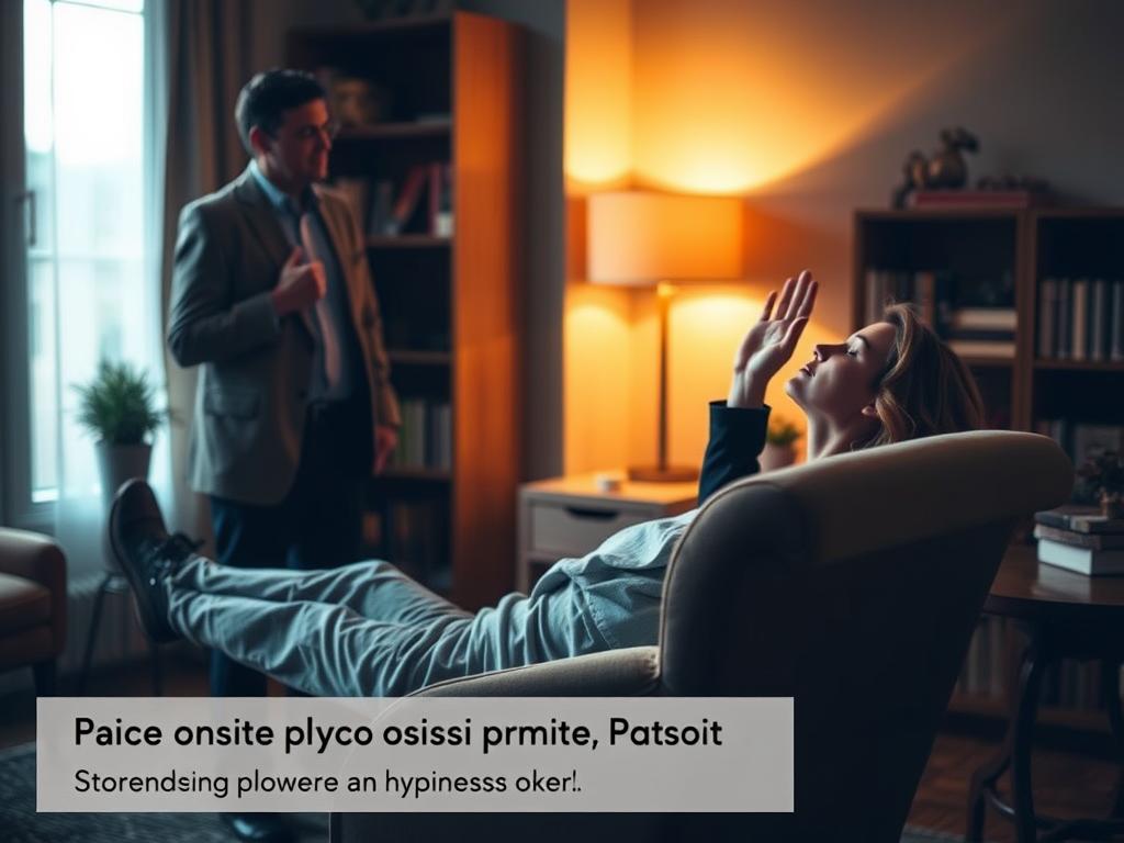 Hypnose zur Rauchentwöhnung: Starten Sie neu! 3 A cozy, dimly lit interior of a therapist's office. In the foreground, a patient reclines on a comfortable chaise lounge, eyes gently closed as they enter a state of deep relaxation. The therapist, dressed in professional attire, stands nearby, one hand raised as they guide the patient through the hypnosis process. Warm, muted lighting casts a serene atmosphere, while bookshelves and subtle decor in the background suggest an environment of tranquility and healing. The scene conveys the calm, focused nature of a hypnosis session aimed at helping the patient become smoke-free.