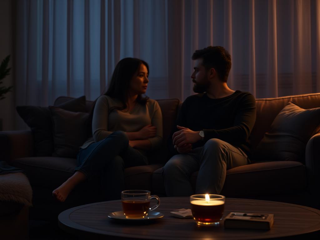 A cozy, dimly lit living room setting. In the foreground, two people sit close together on a plush sofa, engaged in an earnest conversation. Their body language and facial expressions convey a sense of emotional vulnerability and open communication. The middle ground features a coffee table with a warm cup of tea, symbolic of the comfort and intimacy of their discussion. In the background, soft ambient lighting casts a gentle glow, creating a sense of safety and introspection. The overall atmosphere evokes a feeling of trust, understanding, and the ability to navigate the complexities of a relationship through honest, intuitive dialogue.