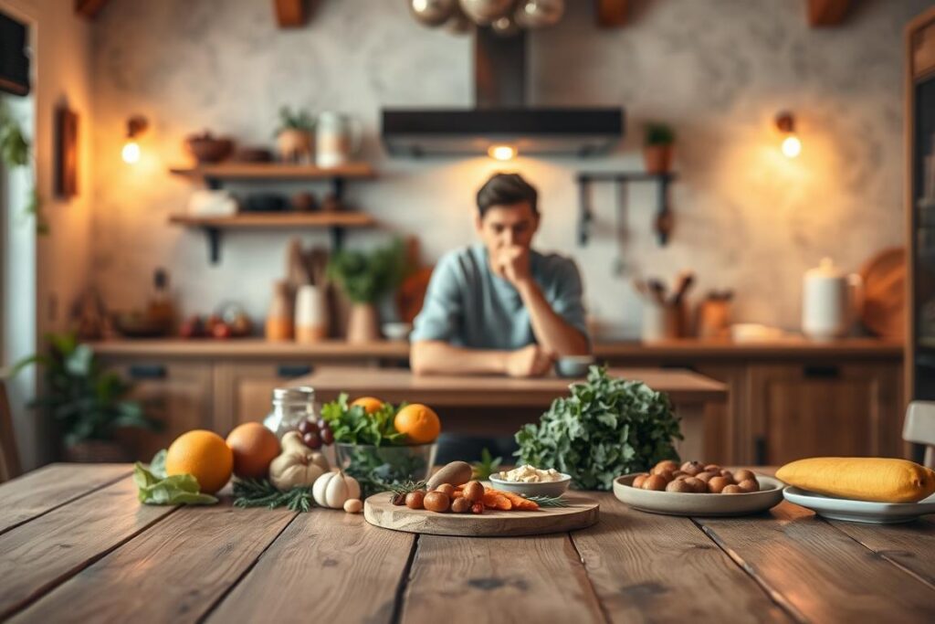 A cozy kitchen setting with a wooden table in the foreground, featuring a selection of healthy, natural foods. In the middle ground, a person sitting at the table, deep in thought, contemplating their fasting journey. The background showcases a warm, inviting atmosphere with soft lighting, natural textures, and a sense of serenity. The overall mood is one of mindfulness, introspection, and a commitment to personal wellness. The scene evokes a peaceful, nurturing environment for the start of a "Heilfasten" (therapeutic fasting) experience. A cozy kitchen setting with a wooden table in the foreground, featuring a selection of healthy, natural foods. In the middle ground, a person sitting at the table, deep in thought, contemplating their fasting journey. The background showcases a warm, inviting atmosphere with soft lighting, natural textures, and a sense of serenity. The overall mood is one of mindfulness, introspection, and a commitment to personal wellness. The scene evokes a peaceful, nurturing environment for the start of a "Heilfasten" (therapeutic fasting) experience.