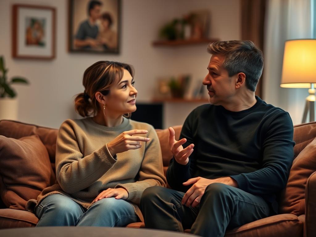 Kommunikation in der Beziehung: Liebesglück finden 3 A cozy living room with a couple sitting on a plush sofa, engaged in an earnest conversation. Soft, warm lighting illuminates their faces, conveying a sense of intimacy and understanding. The background is slightly blurred, creating a focus on the pair's interaction. Subtle body language, such as leaning towards each other and gentle hand gestures, suggests a collaborative effort to resolve a conflict. The overall atmosphere is one of thoughtful discussion and a shared desire to find a constructive solution.