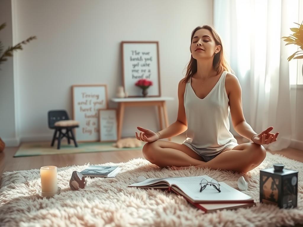 Manifestationsübungen für Deinen Lebenserfolg 2 A cozy morning scene of a person engaged in daily manifestation routines. In the foreground, a person sits cross-legged on a plush rug, eyes closed in deep meditation, surrounded by crystals, candles, and a journal. Soft morning light filters through the window, casting a warm glow. In the middle ground, a home altar adorned with inspirational quotes, a small statue, and a bowl of fresh flowers. The background depicts a tranquil, minimalist living space with clean lines and neutral tones, creating a serene atmosphere conducive to mindful practice. The overall mood is one of introspection, intention-setting, and a sense of grounded, daily spiritual exploration.