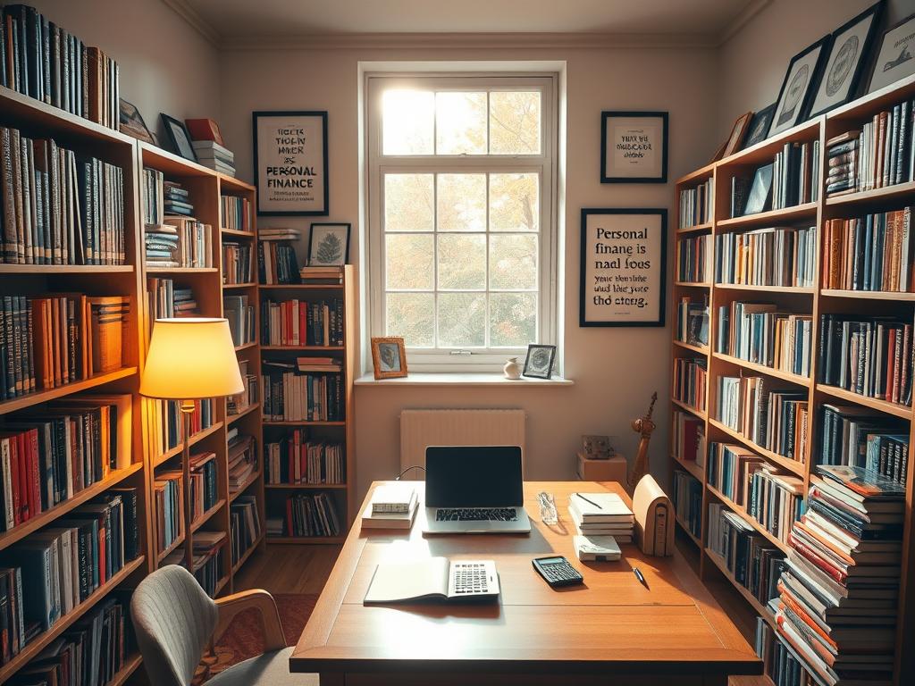 Stärke dein Geldbewusstsein – Finanzielle Freiheit 4 A cozy study room with bookshelves lining the walls, filled with books on personal finance, investing, and budgeting. In the center, a wooden desk with a laptop, calculator, and various office supplies. Soft lighting from a floor lamp casts a warm glow, creating an atmosphere of focused learning and self-improvement. The room is adorned with framed artwork and motivational quotes, reflecting the importance of financial education and awareness. Sunlight filters in through a large window, bringing a sense of openness and the promise of a brighter financial future. The scene conveys the idea of resources and tools available for developing a strong financial mindset.