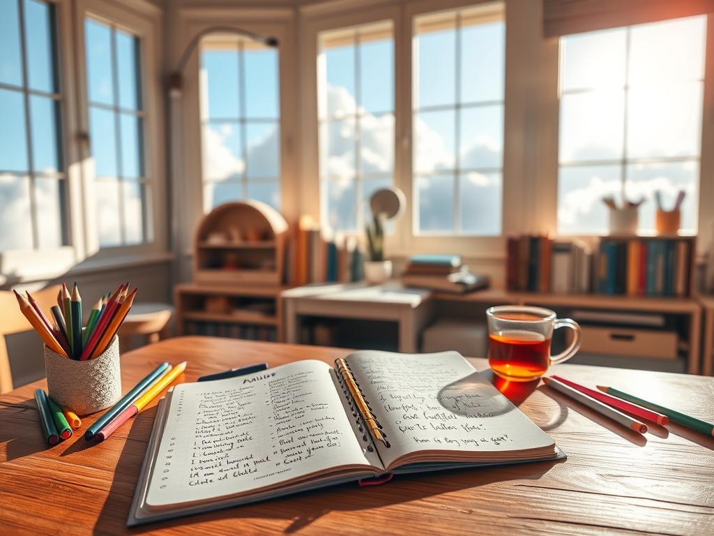 Kraftvolle Affirmationen für Kinder – Stärke finden 3 A cozy, sunlit study filled with warm, natural light. On a wooden desk, an open notebook with handwritten affirmations, surrounded by colorful pencils, markers, and a cup of tea. Soft, dreamy clouds in the background, conveying a sense of tranquility and inspiration. The space exudes a comforting, encouraging atmosphere, perfect for a child to explore their own positive self-affirmations.