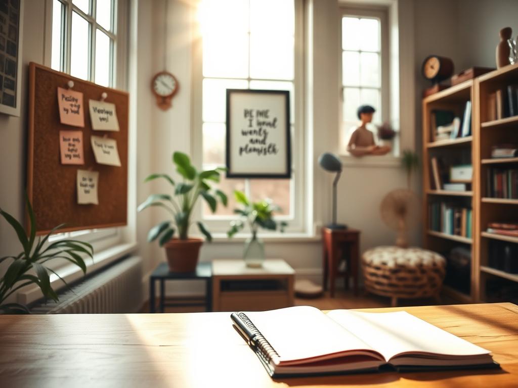 Erfolgreich Abnehmen: Deine Abnehm Affirmationen 3 A cozy yet focused home office scene. In the foreground, a desk with an open notebook and a pen, alongside positive affirmation notes pinned to a corkboard. Soft, natural lighting streams in through large windows, creating a warm, contemplative atmosphere. In the middle ground, a potted plant and a framed motivational artwork hang on the wall. The background features bookshelves, a small meditation cushion, and other personal touches that promote mindfulness and self-improvement. The overall mood is one of tranquility and intentional living, reflecting the integration of affirmations into one's daily routine.
