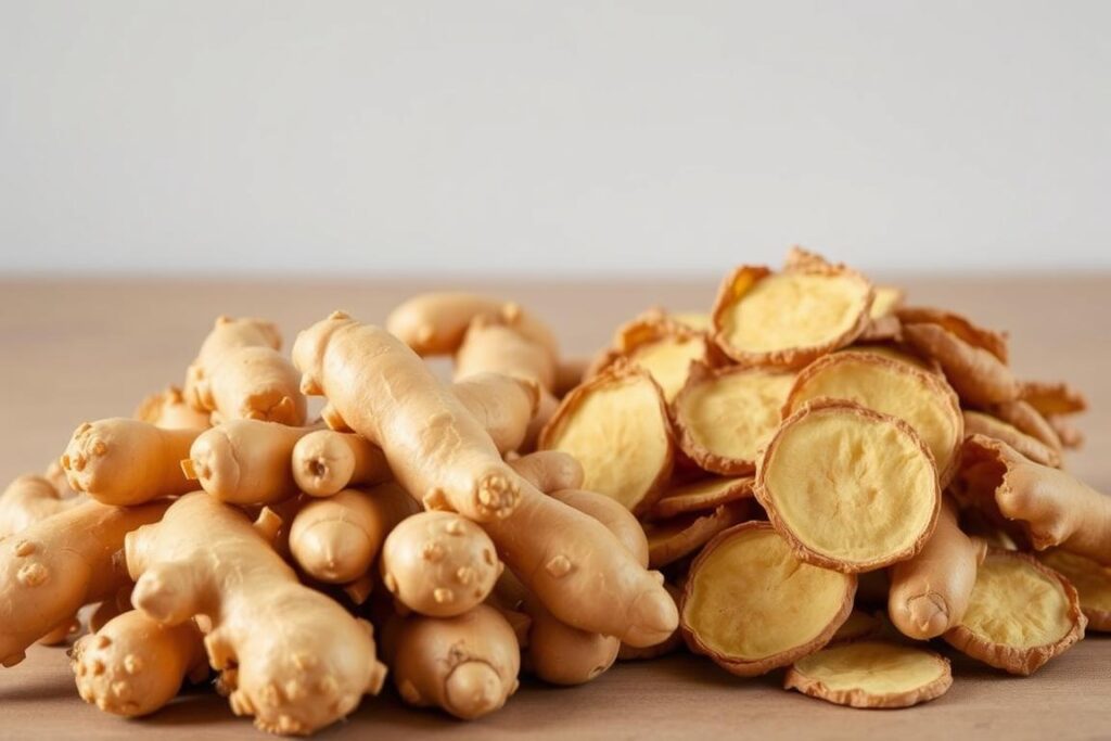 A crisp, vibrant comparison of fresh and dried ginger. In the foreground, a pile of plump, juicy ginger roots, their knobby skin glistening under soft, natural lighting. In the middle ground, a collection of wrinkled, earthy-toned dried ginger slices, their aromatic essence palpable. The background is a minimalist, neutral setting, allowing the contrasting textures and colors of the two ginger varieties to take center stage. The image conveys the versatility and allure of ginger, setting the stage for an informative exploration of the best ways to prepare this flavorful ingredient. A crisp, vibrant comparison of fresh and dried ginger. In the foreground, a pile of plump, juicy ginger roots, their knobby skin glistening under soft, natural lighting. In the middle ground, a collection of wrinkled, earthy-toned dried ginger slices, their aromatic essence palpable. The background is a minimalist, neutral setting, allowing the contrasting textures and colors of the two ginger varieties to take center stage. The image conveys the versatility and allure of ginger, setting the stage for an informative exploration of the best ways to prepare this flavorful ingredient.