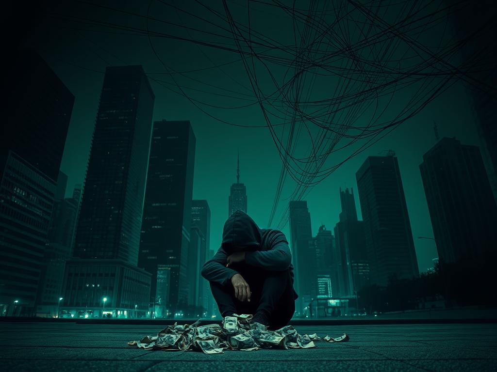 Geldblockaden auflösen: Dein Weg zu finanzieller Freiheit 2 A dark, gloomy cityscape at night, with towering skyscrapers casting long shadows. In the foreground, a person sits hunched on the sidewalk, their face obscured, surrounded by a pile of crumpled bills and coins. The scene is bathed in a sickly, greenish hue, suggesting an oppressive atmosphere. Overhead, a network of tangled wires and cables snakes across the sky, further emphasizing the sense of constraint and confinement. The entire composition conveys a sense of hopelessness and the negative impacts of financial barriers on an individual's wellbeing and potential.