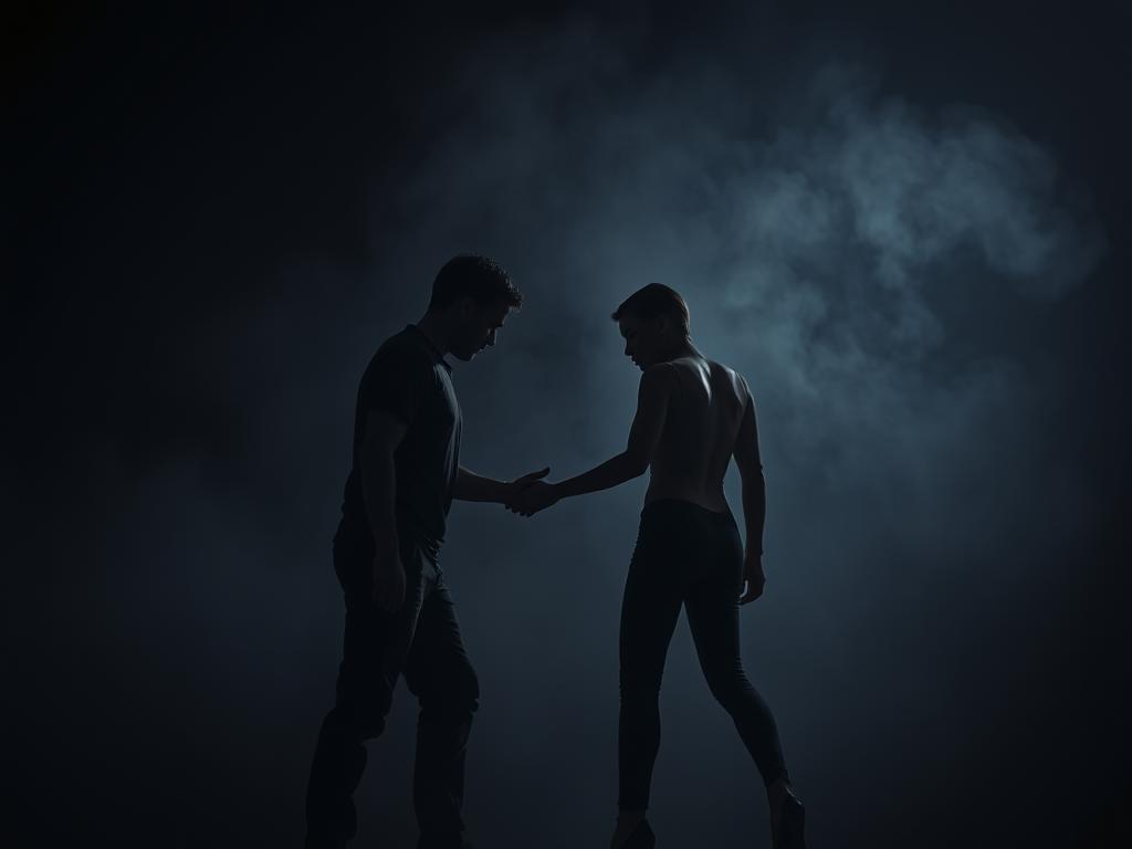 A dark, unsettling scene depicting the hallmarks of a toxic relationship. In the foreground, two figures locked in a tense, confrontational stance, bodies angled away from each other, faces etched with distrust and resentment. The middle ground is hazy, a disorienting blur of emotion and uncertainty. The background is a shadowy void, a metaphor for the isolation and lack of support that often characterizes these unhealthy dynamics. Harsh, directional lighting casts dramatic shadows, heightening the sense of tension and unease. The overall mood is one of disconnection, trapped in a cycle of hurt and mistrust. This image aims to visually convey the warning signs of a toxic relationship in a stark, impactful manner.