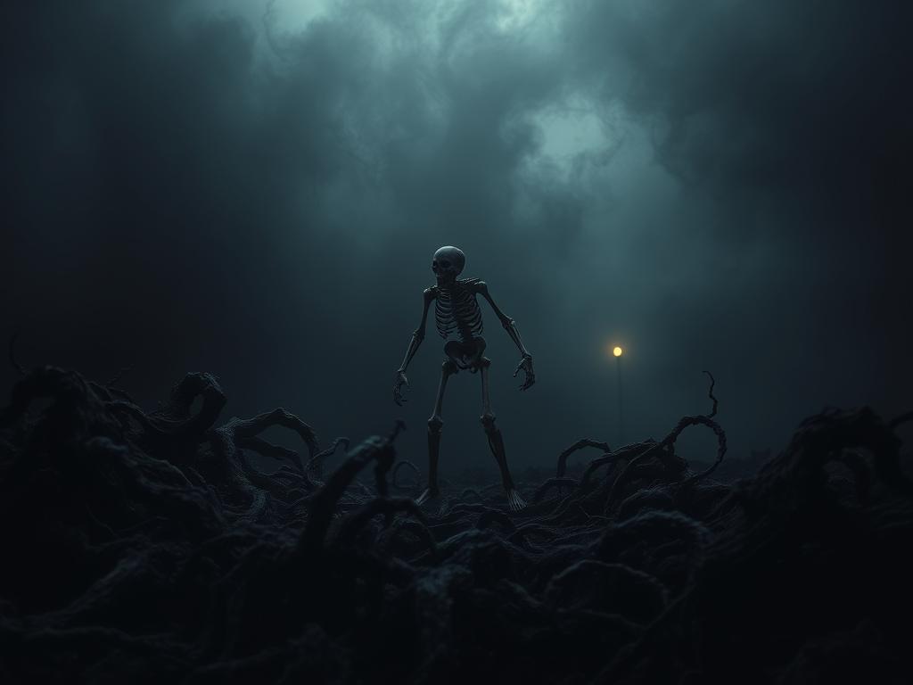 A darkened surreal landscape depicting the subconscious mind, with a sense of unease and unrest. In the foreground, a swirling vortex of shadowy tendrils and muted hues, representing the chaotic and negative thought patterns that have taken hold. In the middle ground, a twisted, skeletal figure struggling to break free, symbolizing the individual's battle to reprogram their subconscious. The background is shrouded in a hazy, dreamlike atmosphere, with a faint glimmer of light peeking through, hinting at the possibility of transformation. Dramatic chiaroscuro lighting casts dramatic shadows, heightening the sense of tension and intensity. The overall mood is somber, introspective, and thought-provoking, reflecting the gravity of the subject matter.