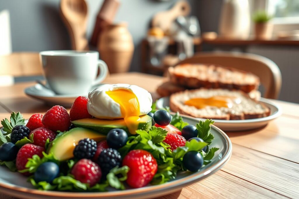 A delectable anti-inflammatory breakfast scene, captured with a warm, natural lighting and a soft focus lens. In the foreground, a plate showcases a colorful array of fresh berries, sliced avocado, and a poached egg atop a bed of leafy greens. In the middle ground, a cup of steaming herbal tea and a slice of whole-grain toast with a drizzle of honey add comforting textures. The background features a cozy, minimalist kitchen setting, with wooden accents and a glimpse of a sun-dappled window. The overall atmosphere exudes a sense of nourishment, simplicity, and soothing wellness. A delectable anti-inflammatory breakfast scene, captured with a warm, natural lighting and a soft focus lens. In the foreground, a plate showcases a colorful array of fresh berries, sliced avocado, and a poached egg atop a bed of leafy greens. In the middle ground, a cup of steaming herbal tea and a slice of whole-grain toast with a drizzle of honey add comforting textures. The background features a cozy, minimalist kitchen setting, with wooden accents and a glimpse of a sun-dappled window. The overall atmosphere exudes a sense of nourishment, simplicity, and soothing wellness.