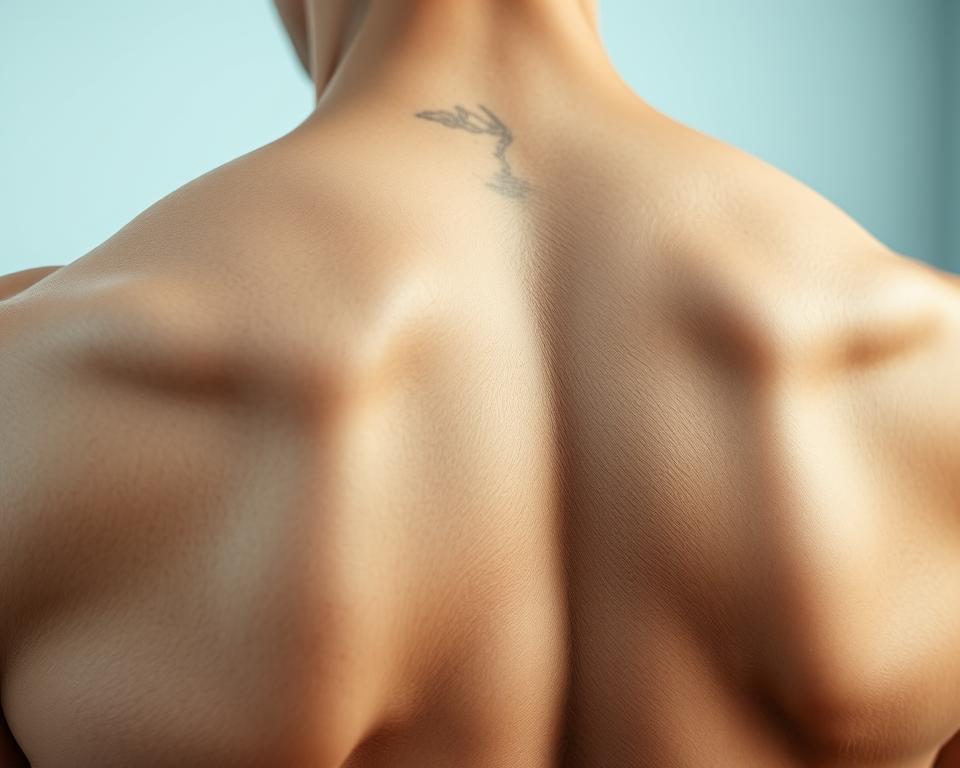 A detailed close-up view of the upper back and shoulder blades, captured in soft, diffused lighting that accentuates the anatomy. The skin has a subtle, realistic texture, and the musculature is defined yet natural. The perspective is slightly elevated, giving a sense of examination or analysis. The overall mood is one of clinical interest, without being overly clinical or sterile. The focus is on the area between the shoulder blades, highlighting the potential sources of pain and discomfort in that region.