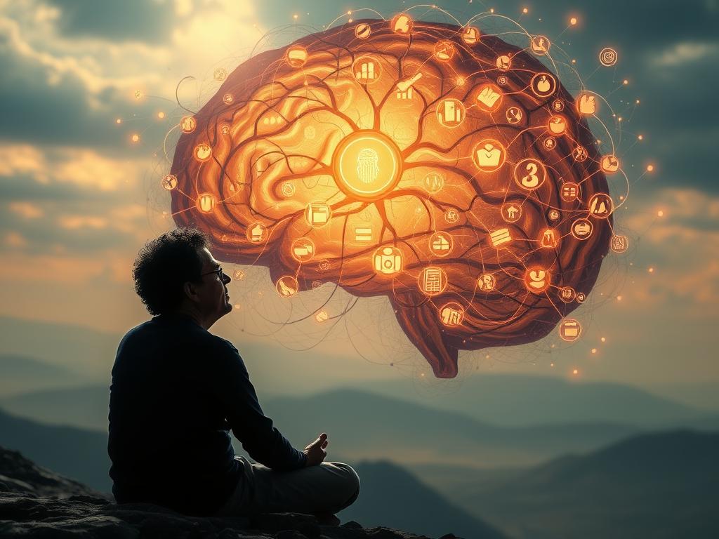 A detailed, contemplative scene examining the complex layers of "Glaubenssätze" (belief systems). In the foreground, a person sits in a meditative pose, deep in thought, surrounded by a soft, warm light that illuminates their introspective expression. The middle ground reveals a swirling, abstract representation of the subconscious mind, with interconnected neural pathways and symbolic icons hinting at the underlying thought processes. The background depicts a vast, ethereal landscape, suggesting the expansive, transcendent nature of the subject matter. The overall mood is one of thoughtful contemplation, inviting the viewer to ponder the influence of their own deeply held beliefs and assumptions.