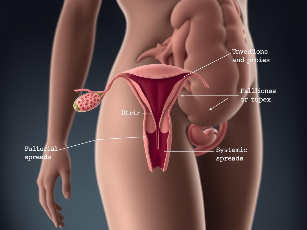 Ureaplasma Selbstheilung – Hoffnung auf Genesung 2 A detailed cross-section illustration of the various transmission routes for the Ureaplasma bacterium. The image shows the human reproductive system, with the infection pathways highlighted using a muted color palette. The foreground depicts the urethra, vagina, and cervix, while the middle ground showcases the fallopian tubes, uterus, and bladder. The background features the abdominal area, highlighting the potential for systemic spread. The lighting is soft and diffused, creating an educational and informative atmosphere. The angle is a cutaway view, allowing the viewer to clearly understand the anatomical details and infection mechanisms. No text or labels are present, allowing the visual elements to convey the information effectively.