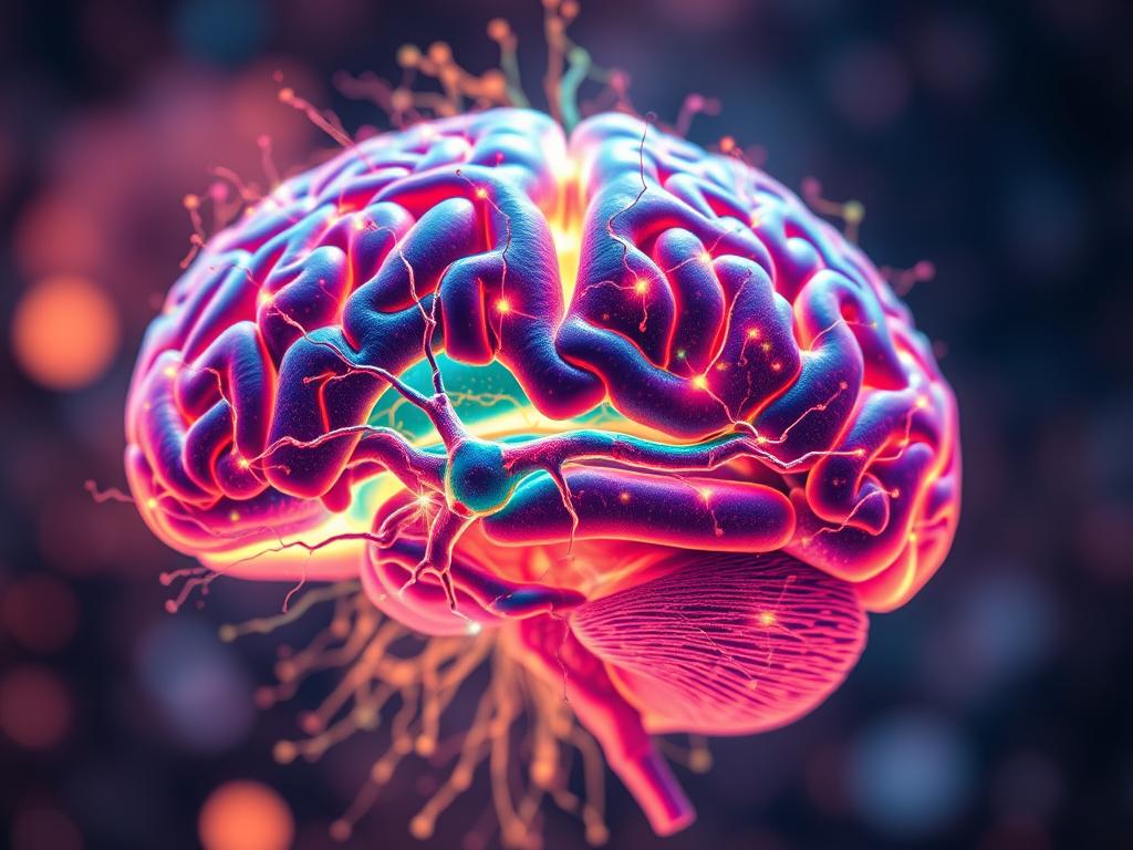 A detailed cross-section of the human brain, showcasing the intricate neural networks and synaptic connections that enable neuroplasticity. The foreground features a vibrant, colorful array of neurons firing, with delicate dendrites and axons intertwining to create a dynamic, ever-changing landscape. The middle ground reveals the brain's intricate architecture, with distinct lobes and regions visible, each playing a crucial role in cognitive function. The background is shrouded in a soft, ethereal glow, emphasizing the mystery and complexity of the human mind. The image is captured with a shallow depth of field, drawing the viewer's attention to the mesmerizing details of neuroplasticity at work.