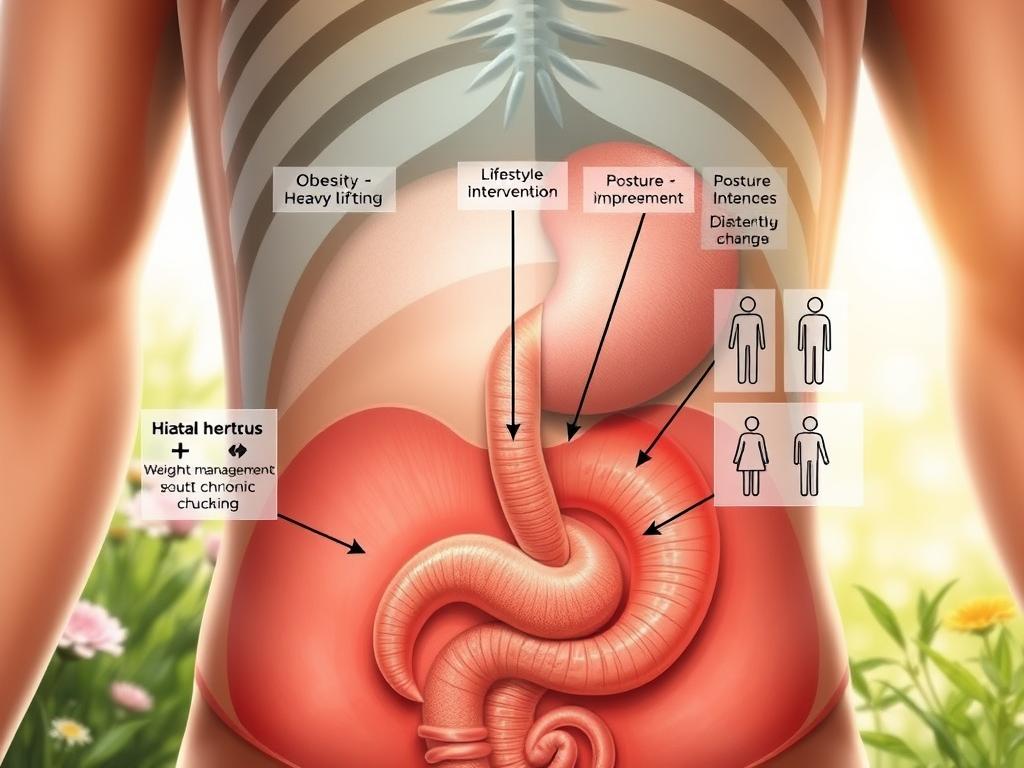 Zwerchfellbruch Selbstheilung – Ihr Weg zur Besserung 3 A detailed, high-resolution illustration depicting the prevention of hiatal hernia. In the foreground, a cross-section of the abdomen shows the diaphragm and esophagus, with the esophageal hiatus clearly visible. Surrounding the hiatus are visual cues highlighting risk factors like obesity, heavy lifting, and chronic coughing. In the middle ground, a series of lifestyle interventions are illustrated, such as weight management, posture improvement, and dietary changes. The background showcases a peaceful, calming scene with natural elements like plants and sunlight, conveying the sense of wellness and preventive care. The lighting is soft and natural, with a focus on clarity and realism. The overall mood is informative and inspirational, guiding the viewer towards proactive measures against hiatal hernia.