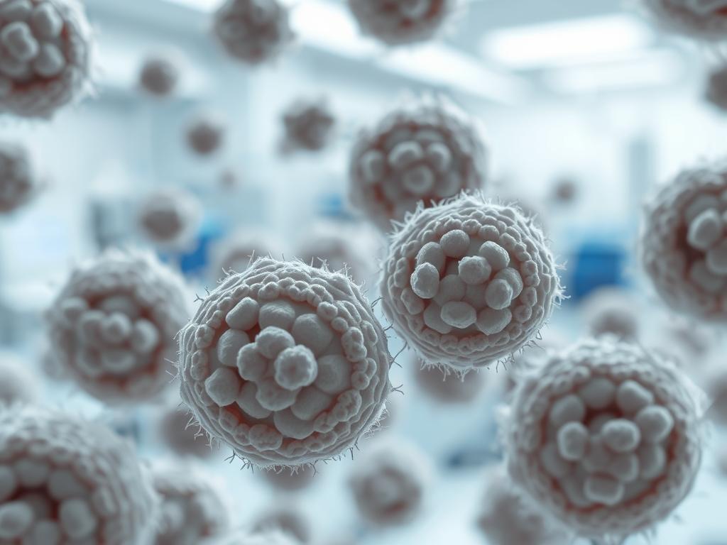 Ureaplasma Selbstheilung – Hoffnung auf Genesung 1 A detailed microscopic view of Ureaplasma bacteria, rendered in a clean, scientific style. The foreground shows the distinctive circular shapes of the microorganisms, with textured cell walls and intricate internal structures visible. The middle ground depicts a blurred background of laboratory equipment, conveying a clinical, medical setting. Soft, even lighting illuminates the scene, creating a mood of objective study and analysis. The composition is balanced, with the bacteria centered and filling a significant portion of the frame, to clearly illustrate the subject matter. No distracting elements or text overlay, allowing the image to focus solely on visualizing the Ureaplasma organism.
