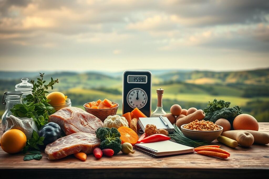 A detailed still life depicting the role of macronutrients in a calorie deficit. In the foreground, an array of nutrient-dense foods such as lean protein, complex carbohydrates, and healthy fats are artfully arranged on a wooden table. The middle ground features a scale, a calorie-counting device, and a notebook, symbolizing the calculation and monitoring of caloric intake. In the background, a serene landscape with rolling hills and a calming sky sets the mood for this scientific yet natural exploration of the calorie deficit process. The lighting is soft and diffused, creating a contemplative atmosphere. Captured with a high-resolution lens, the image conveys the balance and importance of macronutrients in achieving one's goals through a calorie deficit. A detailed still life depicting the role of macronutrients in a calorie deficit. In the foreground, an array of nutrient-dense foods such as lean protein, complex carbohydrates, and healthy fats are artfully arranged on a wooden table. The middle ground features a scale, a calorie-counting device, and a notebook, symbolizing the calculation and monitoring of caloric intake. In the background, a serene landscape with rolling hills and a calming sky sets the mood for this scientific yet natural exploration of the calorie deficit process. The lighting is soft and diffused, creating a contemplative atmosphere. Captured with a high-resolution lens, the image conveys the balance and importance of macronutrients in achieving one's goals through a calorie deficit.