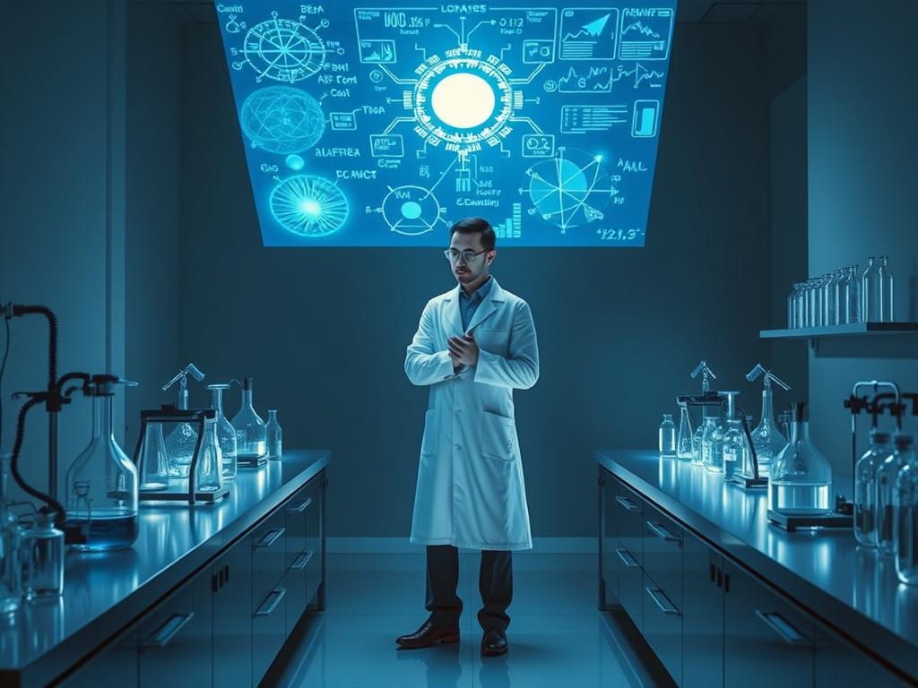 Entfesseln Sie Ihr Potenzial: Wie funktioniert Autosuggestion 2 A dimly lit laboratory setting, with complex scientific equipment and glassware arranged on sleek, minimalist workbenches. A holographic display projects intricate diagrams and formulas, casting an ethereal blue glow over the scene. In the center, a scientist in a crisp white lab coat stands, deep in contemplation, one hand resting on a touchscreen interface. The atmosphere is one of quiet, focused intensity, as if the very air vibrates with the energy of groundbreaking discovery. Soft, directional lighting casts dramatic shadows, emphasizing the depth and precision of the space. A sense of the unseen, the esoteric, permeates the image, hinting at the hidden mechanisms of the human mind and the power of autosuggestion.