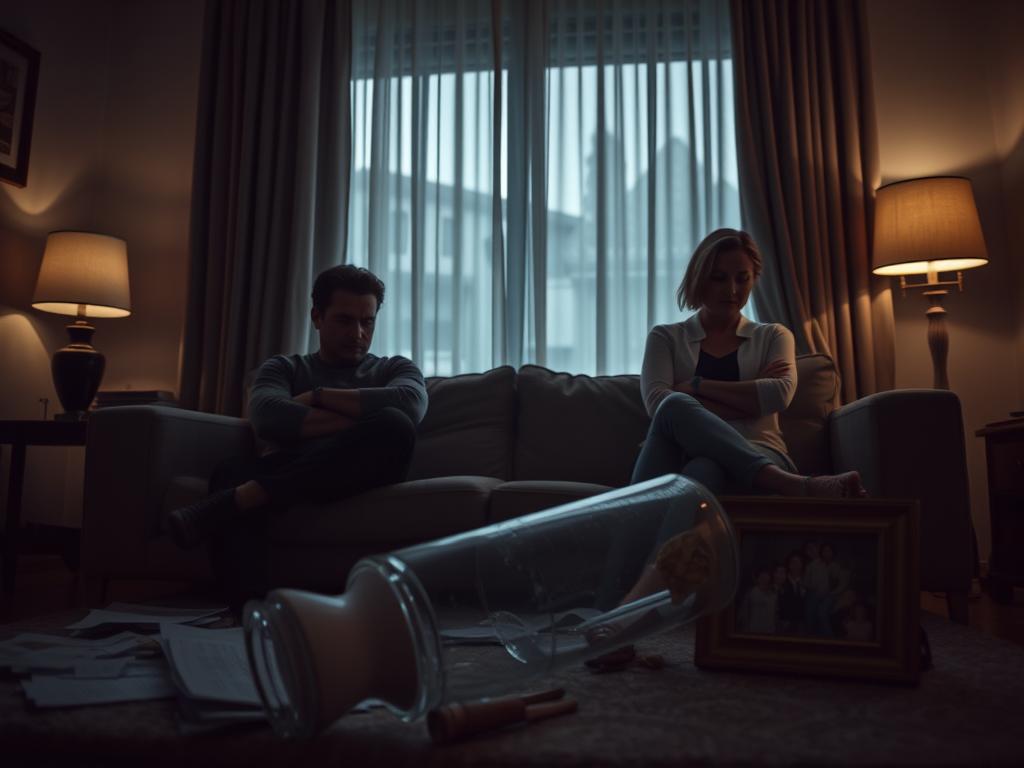 Heilung in der Partnerschaft: Schritte zum Glück 2 A dimly lit living room, the shadows casting an air of unease. In the foreground, a couple sits on a couch, their body language tense and distant. The man's brow is furrowed, the woman's arms crossed defensively. The middle ground reveals scattered papers, an overturned vase, and a shattered family photo frame, symbolizing the breakdown of communication and trust. In the background, the curtains are drawn, leaving the room in a somber, gloomy atmosphere, mirroring the emotional turmoil. Soft, warm lighting from a single lamp casts an eerie glow, accentuating the sense of crisis and the need for healing.