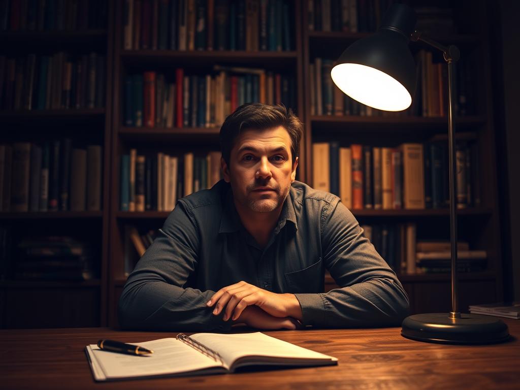 A dimly lit office with a thoughtful coach sitting at a wooden desk, contemplating the selection criteria for a personalized mindset coaching program. In the foreground, a pen and notebook lie open, hinting at the meticulous process of assessing each client's unique needs. The backdrop features bookshelves filled with volumes on personal development, casting a warm, scholarly glow. The coach's expression is one of focused concentration, conveying the gravity of the decision-making involved in curating the ideal coaching experience. Soft, directional lighting from a desk lamp accentuates the coach's features, creating a pensive, introspective atmosphere.
