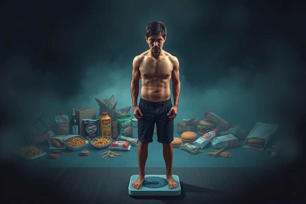 A dimly lit, realistic illustration depicting common mistakes people make when pursuing a calorie deficit. In the foreground, a person with a strained expression stands on a scale, their body appearing depleted and fatigued. In the middle ground, an array of unhealthy snacks and fast food items clutter the scene, representing poor dietary choices. In the background, a hazy, muted color palette conveys a sense of frustration and disappointment. Dramatic shadows and highlights create a moody, introspective atmosphere, emphasizing the challenges and pitfalls of an improperly executed calorie deficit. A dimly lit, realistic illustration depicting common mistakes people make when pursuing a calorie deficit. In the foreground, a person with a strained expression stands on a scale, their body appearing depleted and fatigued. In the middle ground, an array of unhealthy snacks and fast food items clutter the scene, representing poor dietary choices. In the background, a hazy, muted color palette conveys a sense of frustration and disappointment. Dramatic shadows and highlights create a moody, introspective atmosphere, emphasizing the challenges and pitfalls of an improperly executed calorie deficit.