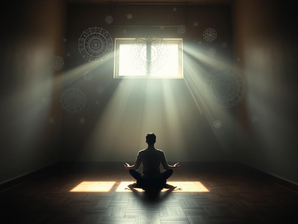 A dimly lit room, soft shadows cast by a single beam of light filtering through a window. In the center, a figure sits cross-legged, lost in deep contemplation. Ripples of thought emanate outward, distorting the surrounding environment. Intricate patterns and symbols float in the air, representing the influence of beliefs on the physical world. The atmosphere is serene, almost meditative, inviting the viewer to reflect on the power of the mind to shape reality. A wide-angle lens captures the scene, highlighting the connection between inner and outer landscapes.