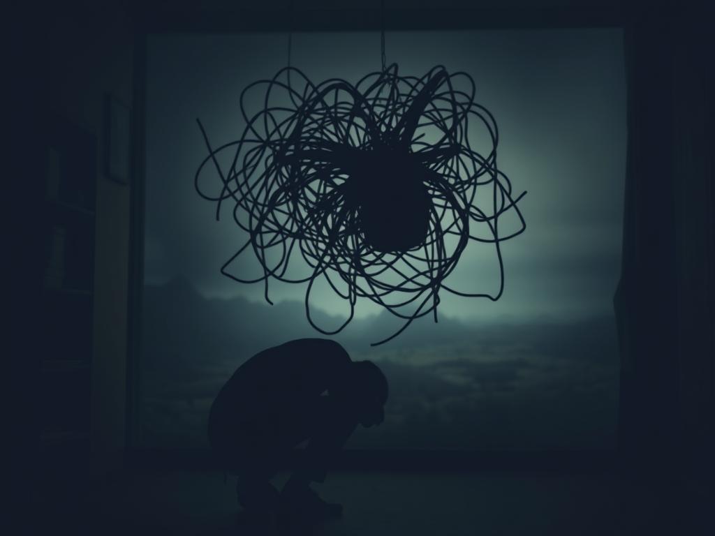 Befreie Dich: Mentale Blockaden auflösen leicht gemacht 2 A dimly-lit room, the air heavy with a sense of unease. In the foreground, a figure hunched over, their shoulders slumped, expressing the physical and emotional toll of mental blockades. The middle ground features a tangled web of shadows, symbolizing the intricate and convoluted nature of these obstacles. The background, a blurred and muted landscape, conveys the isolation and disconnection often experienced. Soft, moody lighting casts a melancholic glow, emphasizing the subject's struggle. Subtle hints of color, perhaps a muted palette of grays and blues, further evoke the somber mood. The composition should draw the viewer's attention to the central figure, capturing the essence of "Beeinträchtigung der Lebensqualität" and its impact on one's well-being.