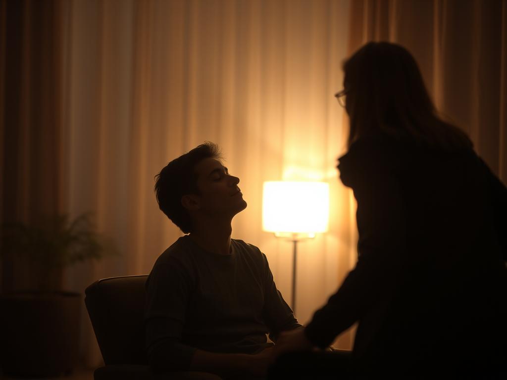 Endlich rauchfrei: Hypnose Rauchentwöhnung nutzen 3 A dimly lit room, the air heavy with anticipation. A figure sits in a comfortable chair, their eyes closed, deep in a state of focused relaxation. A hypnotist stands nearby, their voice calm and soothing, guiding the subject through a journey of self-discovery. The lighting is soft, casting a warm glow that enhances the sense of tranquility. The background is blurred, drawing the viewer's attention to the central scene, where the hypnotist and subject are engaged in a transformative process. The atmosphere is one of trust, vulnerability, and the potential for positive change.