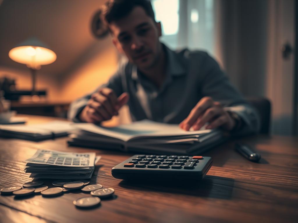 Stärke dein Geldbewusstsein – Finanzielle Freiheit 1 A dimly lit room, with a warm, amber-hued atmosphere. On a wooden desk, a stack of bills, coins, and a calculator sit in the foreground, casting subtle shadows. In the middle ground, a person's hands thoughtfully arrange the financial documents, their expression contemplative. The background is slightly blurred, hinting at the larger context of financial decision-making and planning. The scene conveys a sense of focus, responsibility, and a desire to gain a deeper understanding of one's financial situation.