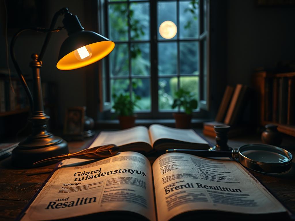 Fülle durch Glaubenssätze 1 A dimly lit study, filled with the warm glow of a desk lamp. In the foreground, an open book with the German words "Glaubenssätze und Realität" emblazoned on the page. Surrounding it, an array of contemplative objects - a quill, an inkwell, and a magnifying glass, hinting at the deep introspection required to reconcile beliefs and reality. In the middle ground, a window overlooking a lush, moonlit garden, suggesting the interplay between the inner and outer worlds. The atmosphere is one of quiet contemplation, inviting the viewer to ponder the nature of beliefs and their influence on our lived experience.