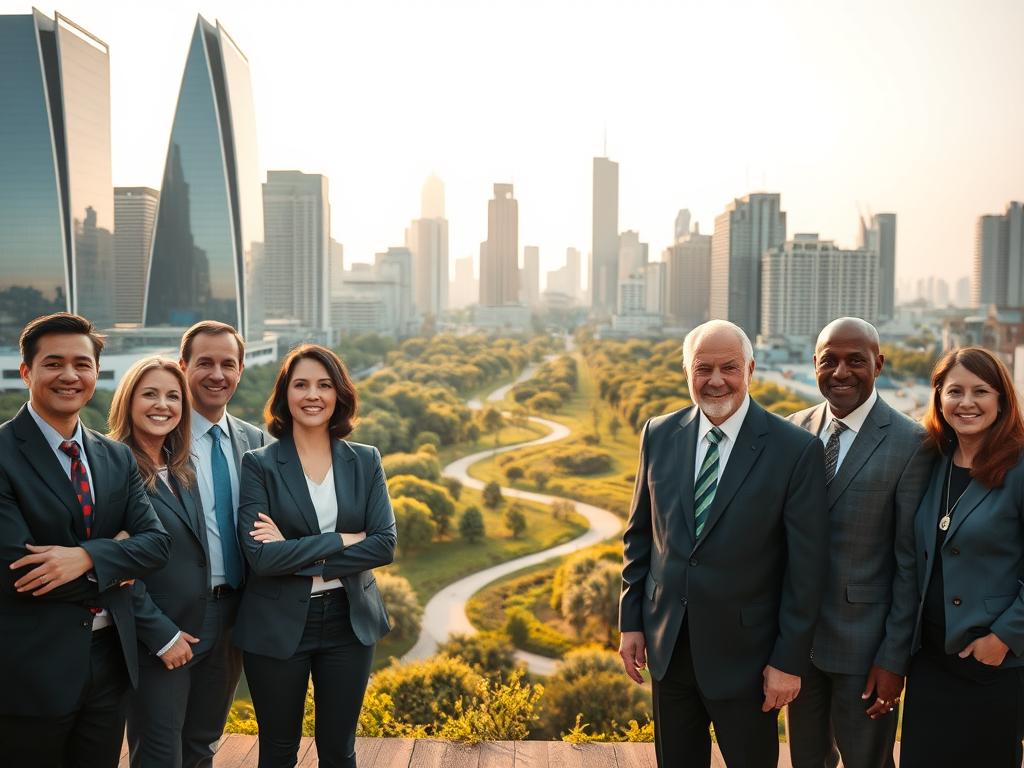 Erschaffe Wohlstand: Fülle durch Affirmationen 4 A diverse group of successful individuals stands confidently against a backdrop of a sleek modern city skyline. The foreground features well-dressed professionals radiating an air of confidence and accomplishment - a CEO, an entrepreneur, a scientist, and a respected community leader. In the middle ground, a lush urban park with winding paths and greenery serves as a serene counterpoint. The lighting is warm and golden, casting a flattering glow over the scene and evoking a sense of prosperity and achievement. The camera angle is slightly elevated, providing an aspirational perspective that invites the viewer to imagine themselves among these inspiring examples of success.