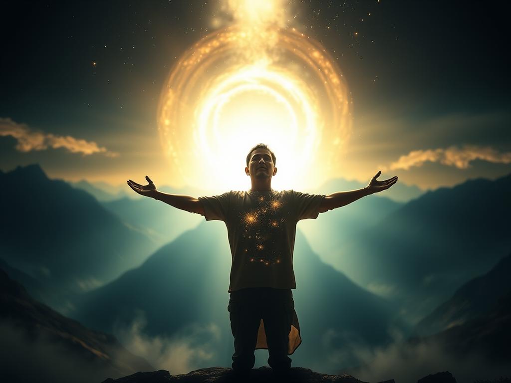 Glaube und Manifestation: Erschaffe Dein Schicksal 1 A dramatic, cinematic scene showcasing the powerful interplay of faith and spiritual energy. In the foreground, a lone figure stands with arms outstretched, their expression serene yet resolute, channeling an ethereal glow that emanates outward. Behind them, a swirling vortex of luminous energy fills the middle ground, radiating a sense of transcendent power. The background depicts a vast, awe-inspiring landscape - perhaps a towering mountain range or a celestial starscape - conveying the boundless nature of belief and its transformative potential. Dramatic lighting casts dramatic shadows, heightening the sense of mysticism and the profound connection between the physical and metaphysical realms. Overall, the image should evoke a profound, inspiring meditation on the nature of faith and its ability to shape our reality.