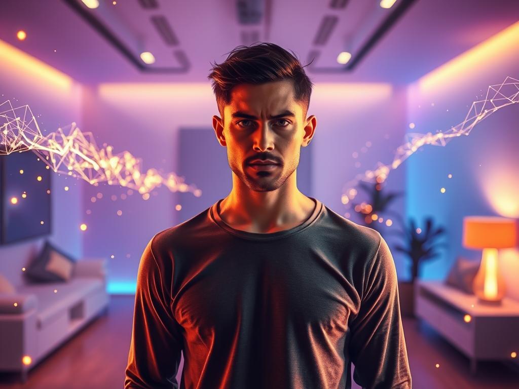 Steigere Deine Leistung durch Mentales Training 2 A dynamic and inspirational scene of mental training for performance enhancement. In the foreground, a determined individual stands with a focused gaze, surrounded by glowing energy lines and shimmering particles, symbolizing the power of the mind. The middle ground features a serene, minimalist environment with clean, modern decor, creating a calming and focused atmosphere. The background is filled with a vibrant gradient of blues and purples, evoking a sense of mental clarity and elevated consciousness. The lighting is warm and directional, casting dramatic shadows and highlighting the subject's determination. The overall composition conveys a sense of personal growth, mental discipline, and the transformative potential of the human mind.