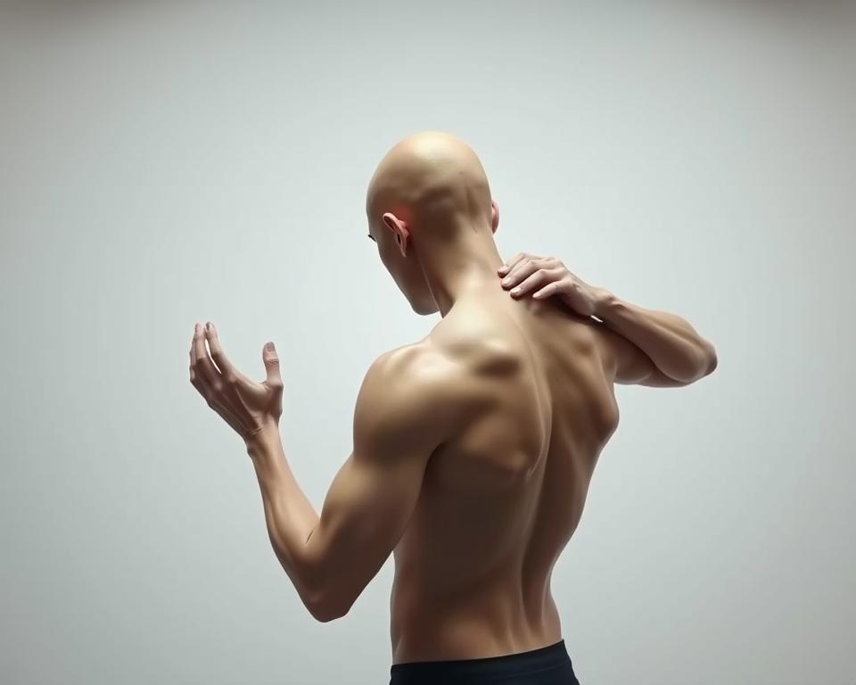 A human figure demonstrating a self-spinal adjustment technique on the upper back, shot from a three-quarter angle with a medium focal length lens. The figure is shown in a minimalist, clean environment with soft, diffused lighting, creating a sense of focus and clarity. The posture and positioning of the figure convey the actions and mechanics of the technique, with a calm, instructional mood. The image should provide a clear visual representation of the concept of "Rücken selbst einrenken" without any distracting elements.