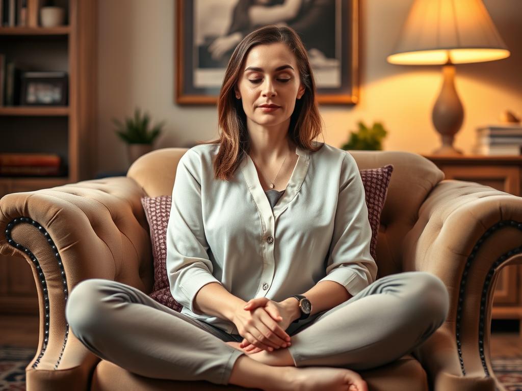 Entdecken Sie Ihr Potenzial mit einem Hypnose Coach 2 A hypnosis coach sits cross-legged on a plush armchair, their gaze focused and calming. Soft, warm lighting illuminates their face, casting gentle shadows that accentuate their serene expression. The background is a cozy, welcoming space, perhaps a private practice or home office, with tasteful decor and soothing colors that cultivate an atmosphere of tranquility and introspection. The coach's posture and demeanor exude a sense of expertise, confidence, and empathy, inviting the viewer to trust in their guidance and expertise. This image captures the essence of the "Hypnose Coach" concept, reflecting the benefits of working with such a professional to unlock one's true potential.