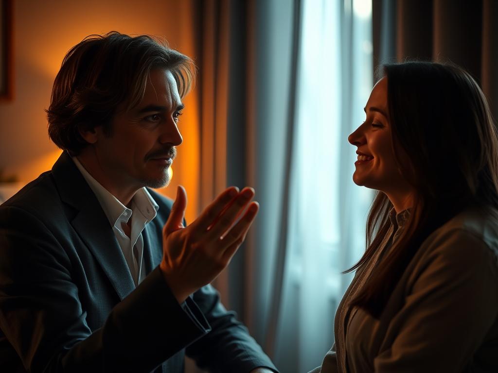 A hypnotist in a dimly lit room, sitting across from a client in a deeply relaxed state. Soft, warm lighting casts a serene, contemplative atmosphere. The hypnotist's gaze is intense, yet calming, their hand gestures flowing with a rhythmic, soothing cadence. The client's eyes are gently closed, a faint smile playing on their lips, as they drift into a state of deep focus and introspection. The background is blurred, drawing attention to the intimate connection between the two figures. Subtle hints of mysticism and the subconscious permeate the scene, inviting the viewer to explore the transformative power of hypnosis.